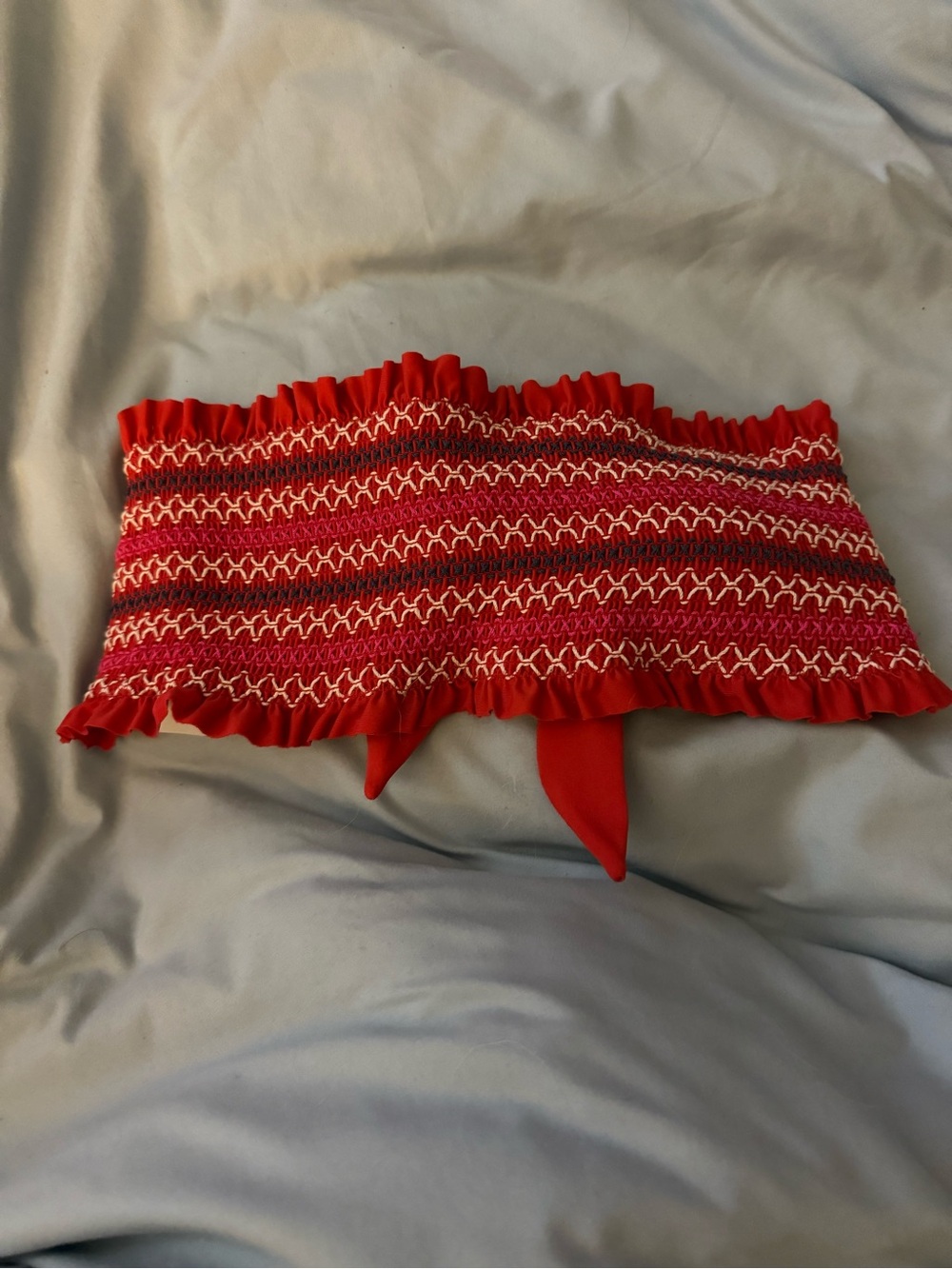 True Craft Red Smocked Bandeau bikini top with White Stitching